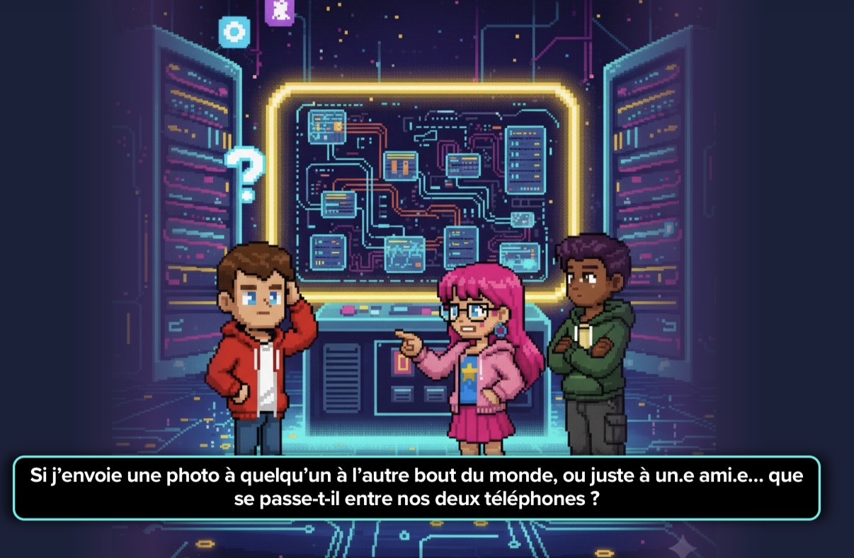 Pixel-art illustration of a person asking what happens between two phones when a photo is sent across the world